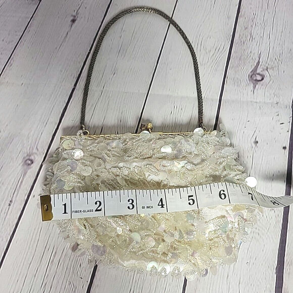 Mr Ernest Evening Hand Bag White Vintage Beaded & Sequins Purse Madein Hong Kong - Picture 10 of 11